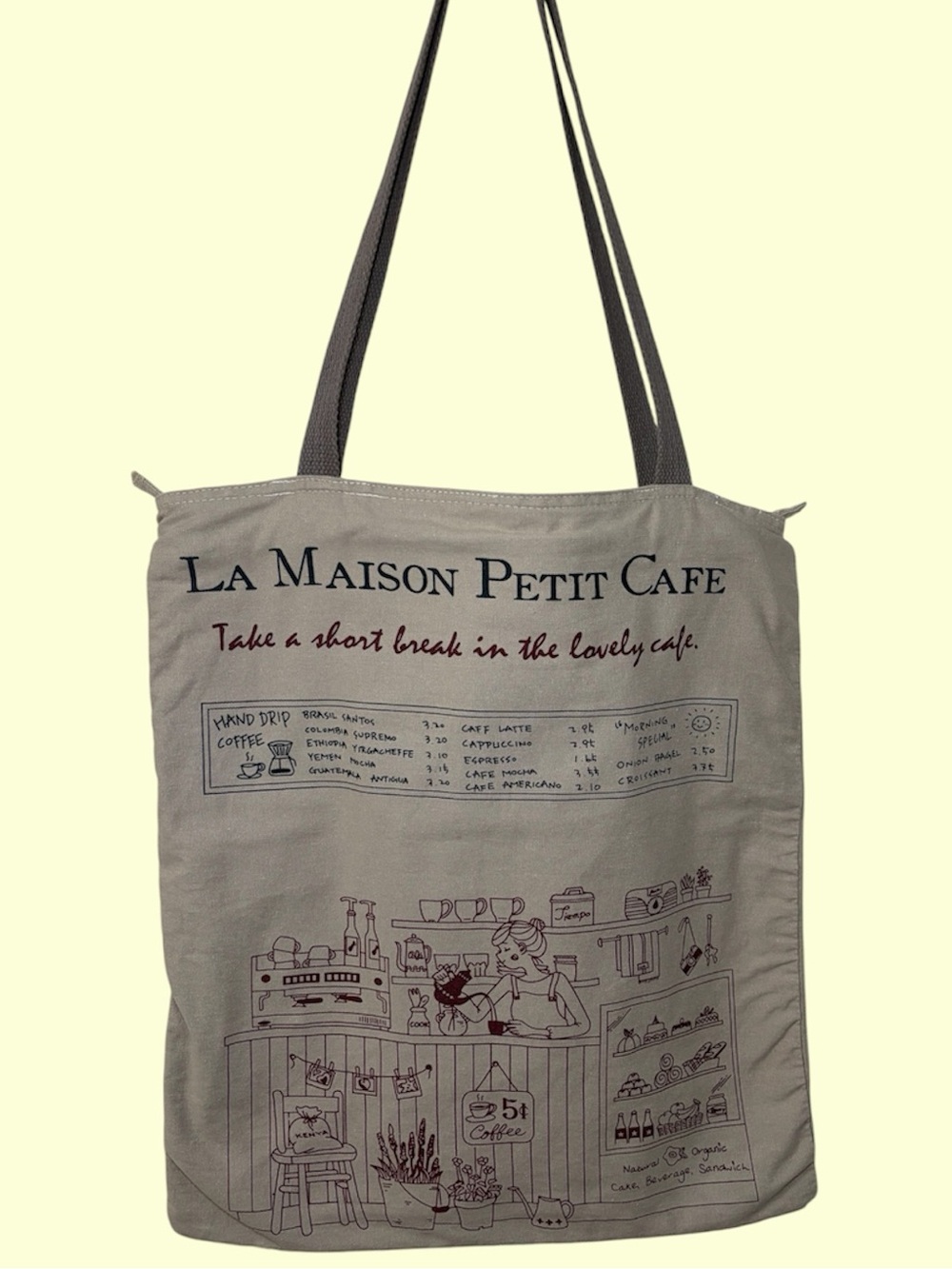 La Maison Petit Cafe Fabric Book Bag - Khaki with Burgundy Print from ModCloth